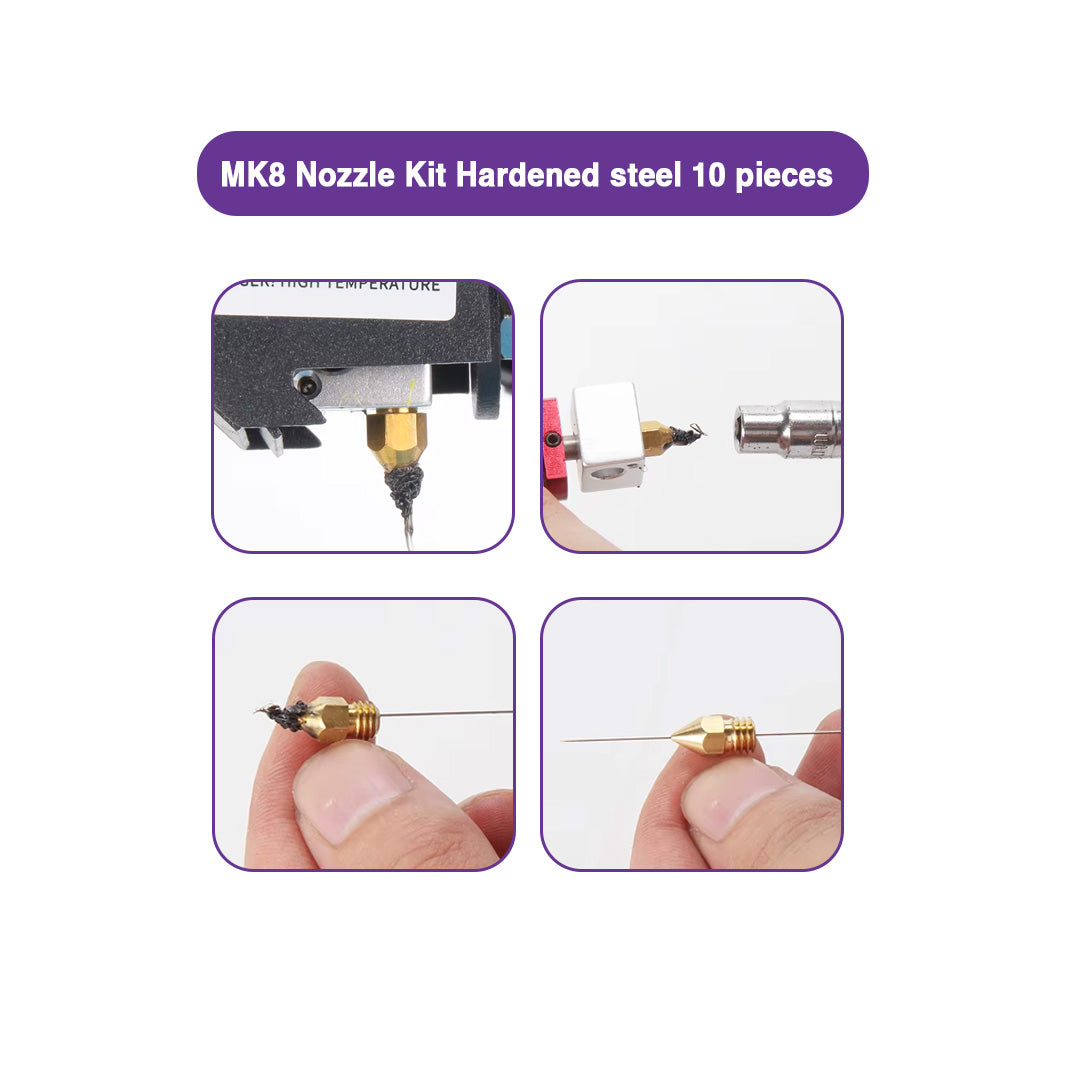 MK8 Nozzle Kit – Hardened Steel 10-Piece Set for 1.75mm Filament - MakerParts 3D