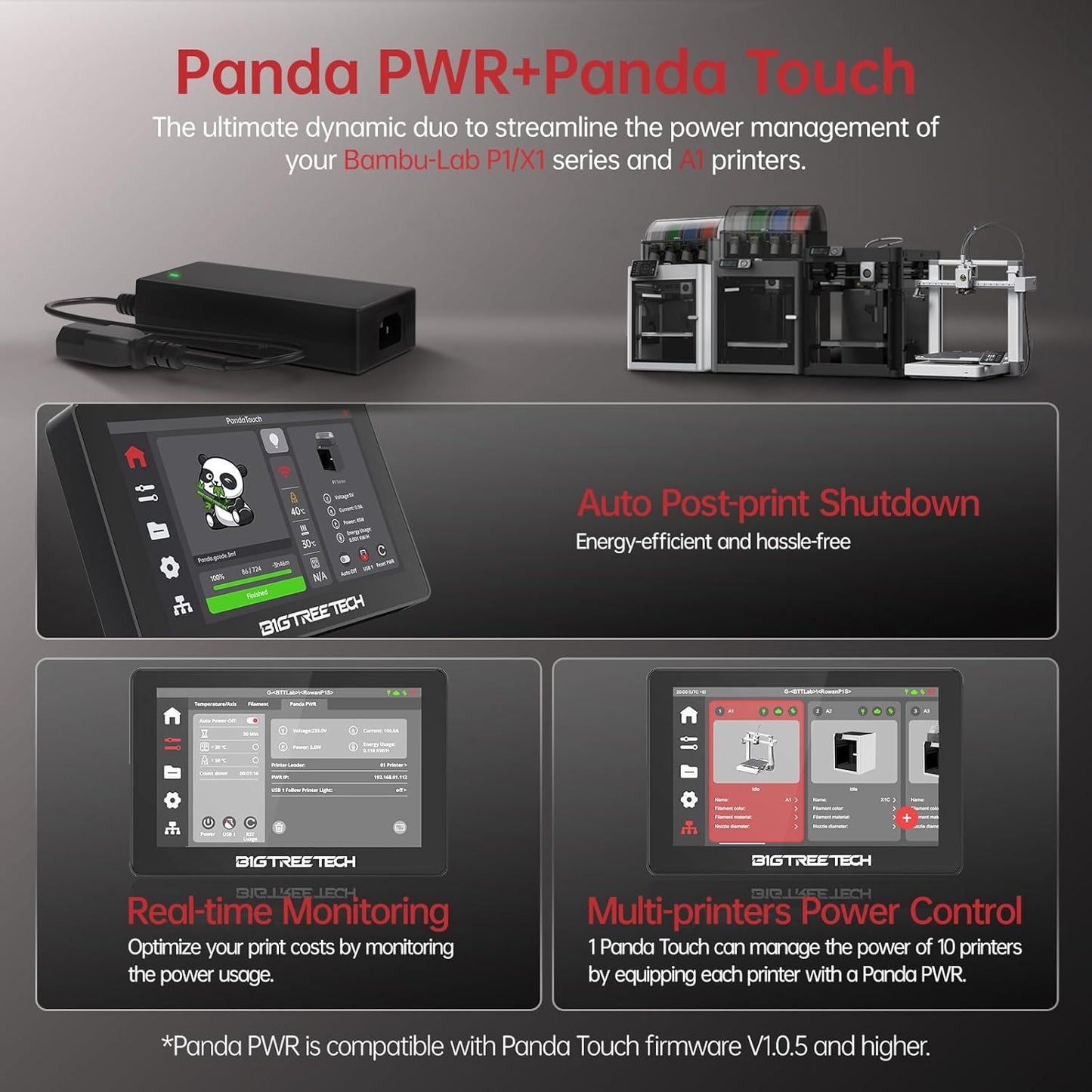 Panda PWR and Panda Touch power management system for 3D printers on a gray background