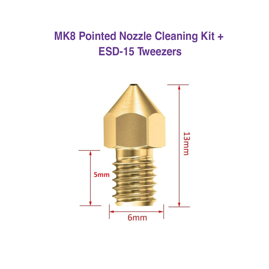 MK8 Pointed Nozzle Cleaning Kit + ESD-15 Tweezers (27 Pcs) - MakerParts 3D