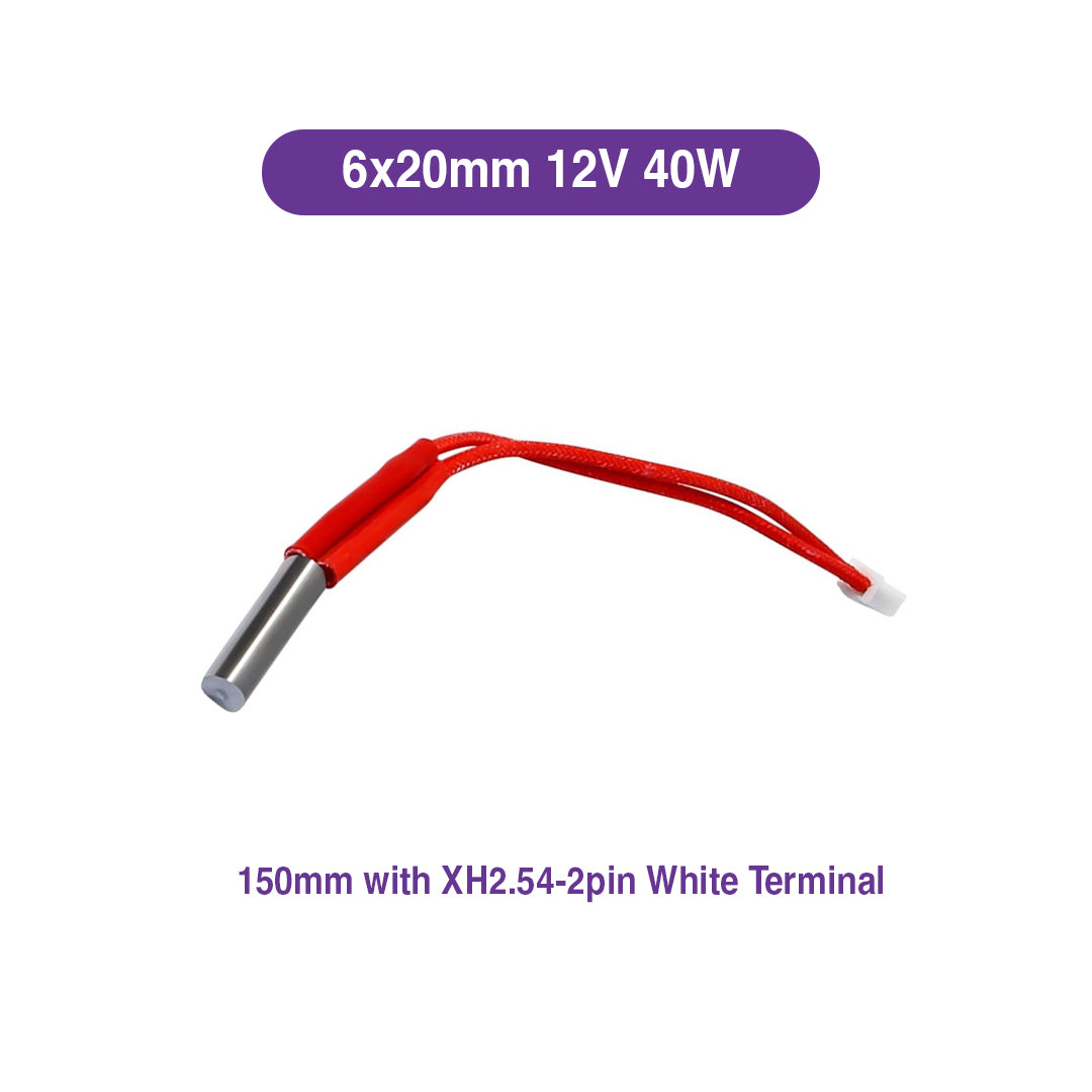 12V 40W Heater Cartridge (6x20mm) (150mm Cable) & XH2.54-2Pin Terminal - MakerParts 3D