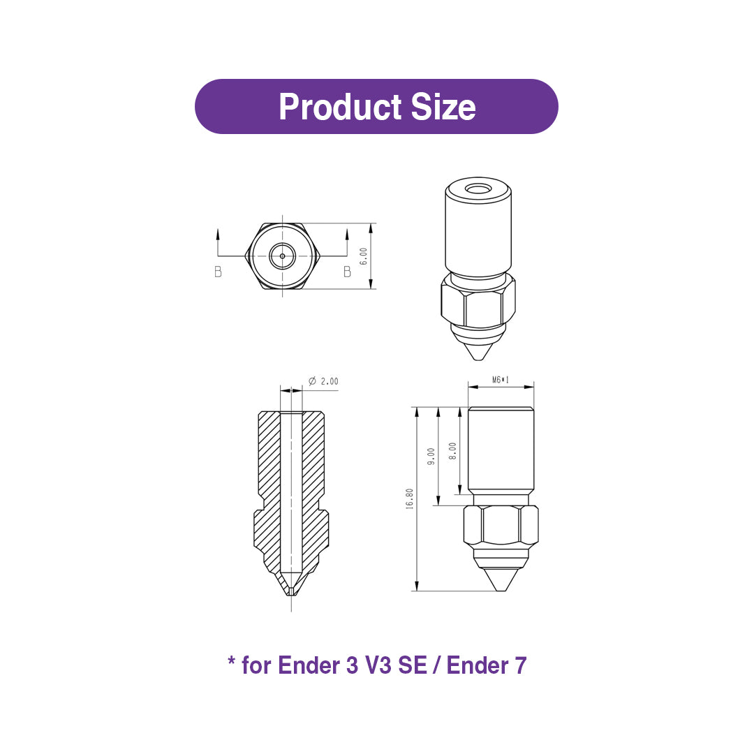 Hardened Nozzle for Ender 3 V3 SE / Ender 7 (0.2 to 1.0mm) - MakerParts 3D