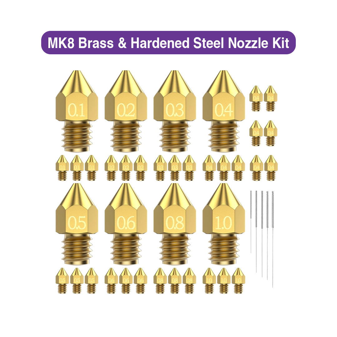 MK8 Brass and Hardened Steel Nozzle Kit (32 Pcs + Cleaning Needles) - MakerParts 3D