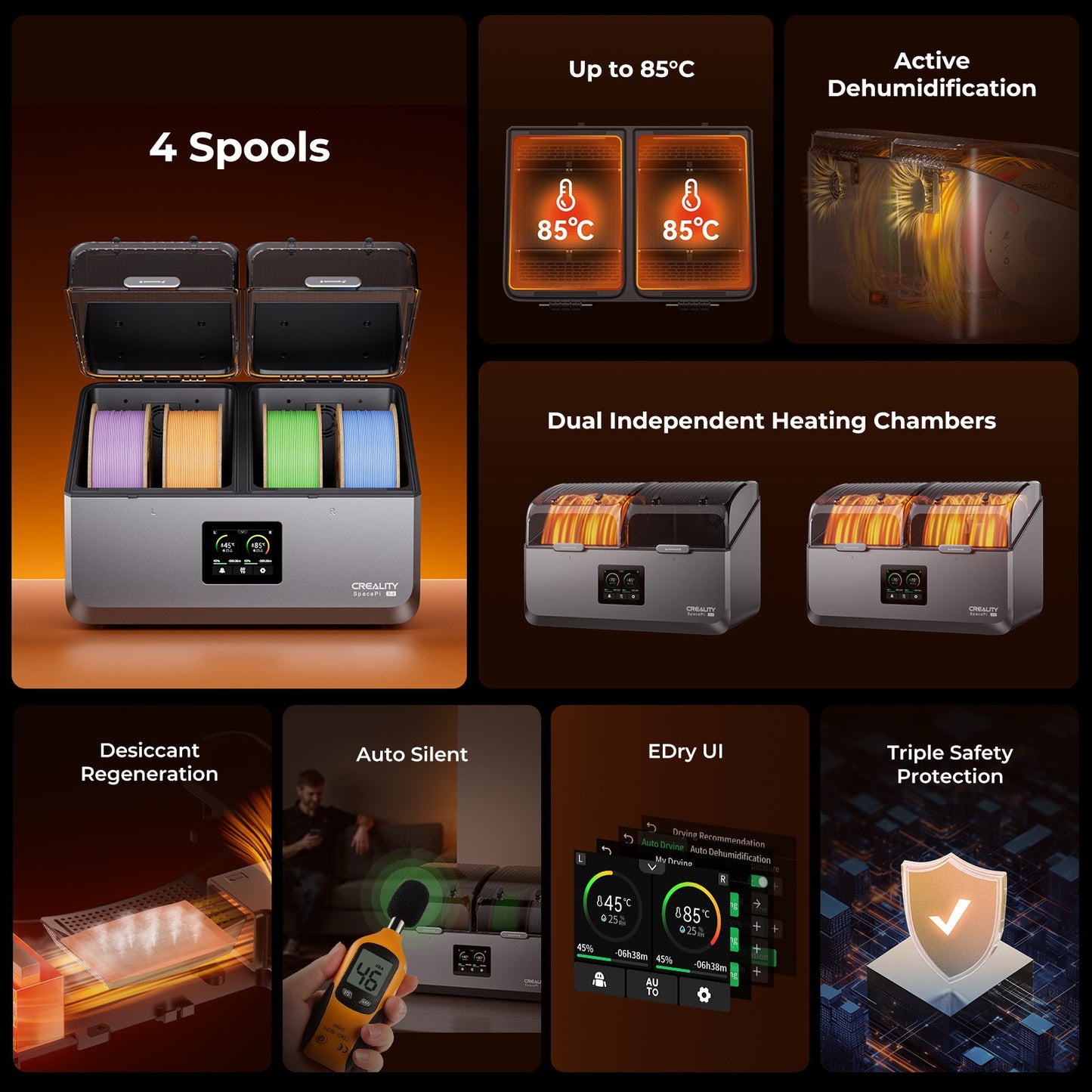 Creality SpacePi X4 filament dryer, 4-spool capacity and dual chamber