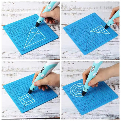 3D Pen Silicone Drawing Mat – Multi-Shape Stencil Pad with Finger Caps (17.5 × 17.5 cm)