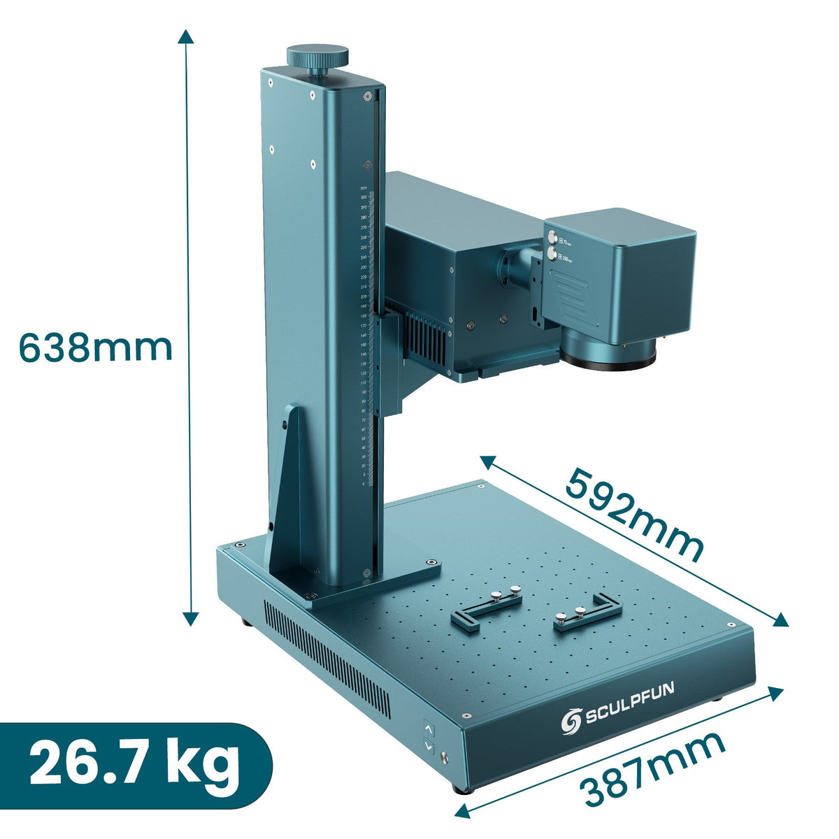 SCULPFUN V5 dimensions: 387 × 592 × 638 mm, 26.7 kg