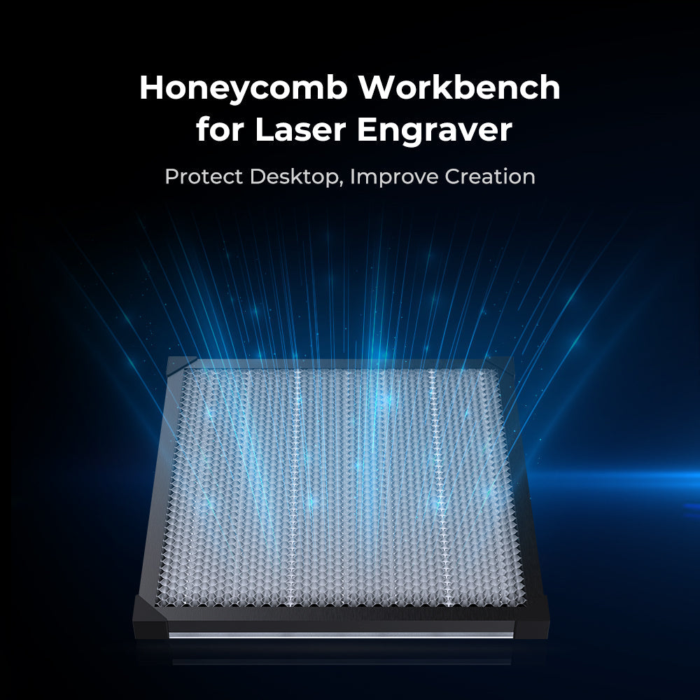 Honeycomb workbench for laser engraver with text on a dark background