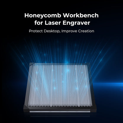 Honeycomb workbench for laser engraver with text on a dark background