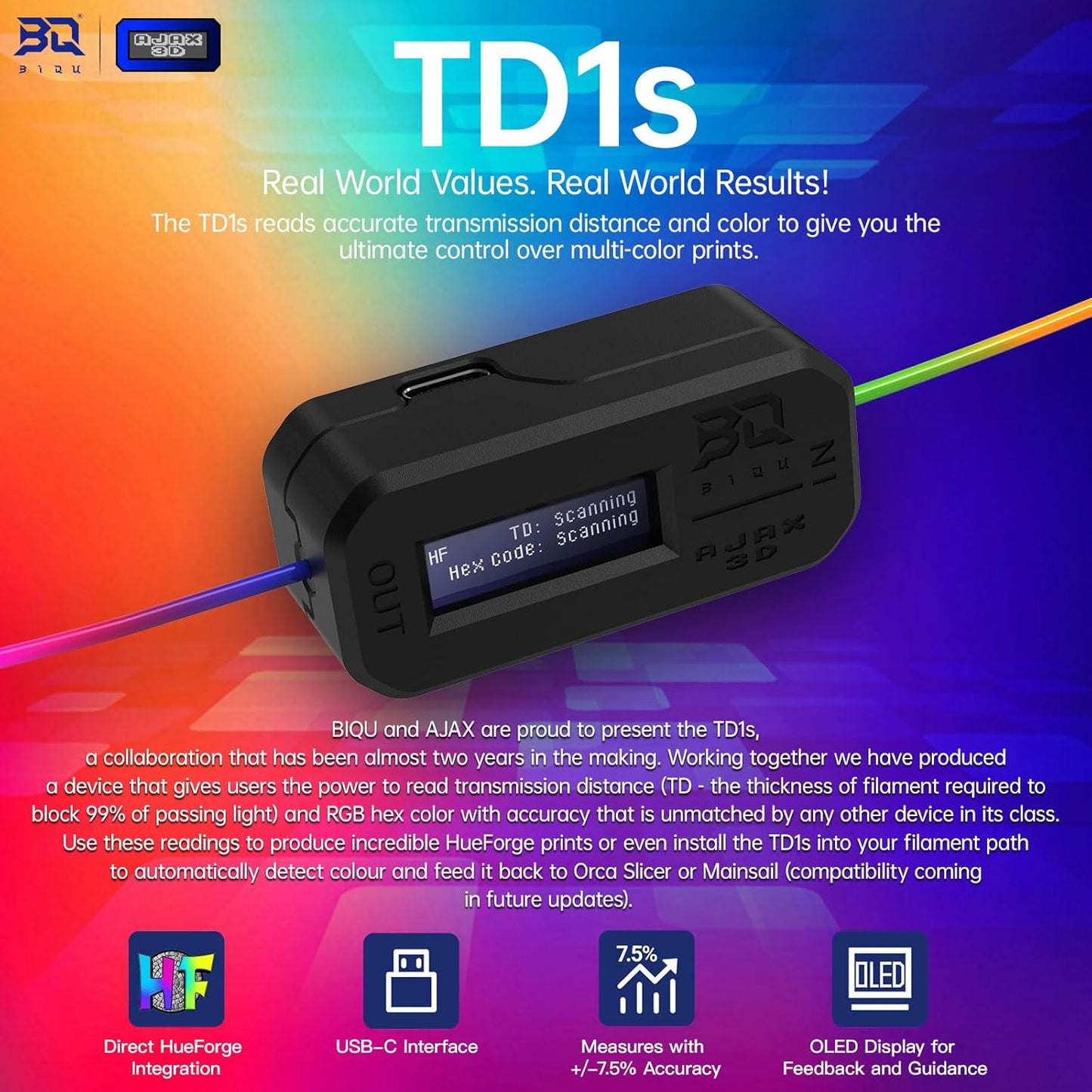BIQU AJAX TD1S Filament Sensor – Color & Transmission Analyzer with OLED Display, USB-C, HueForge Compatible