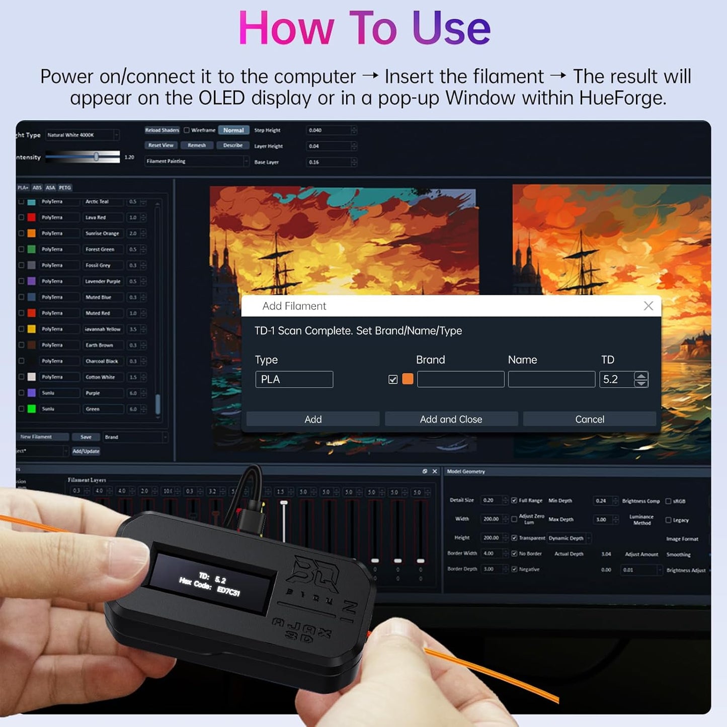 BIQU AJAX TD1S Filament Sensor – Color & Transmission Analyzer with OLED Display, USB-C, HueForge Compatible