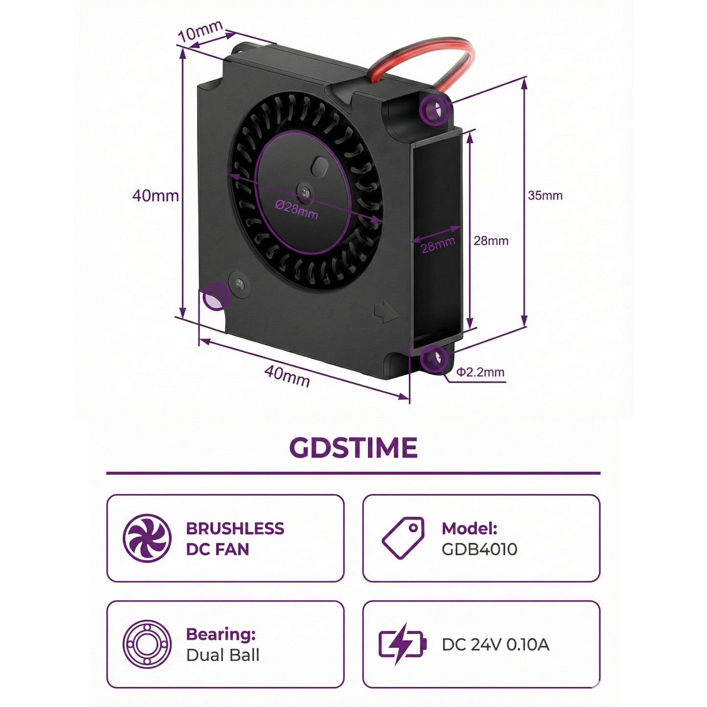 GDSTIME 4010 blower fan, 24V 0.10A dual ball bearing