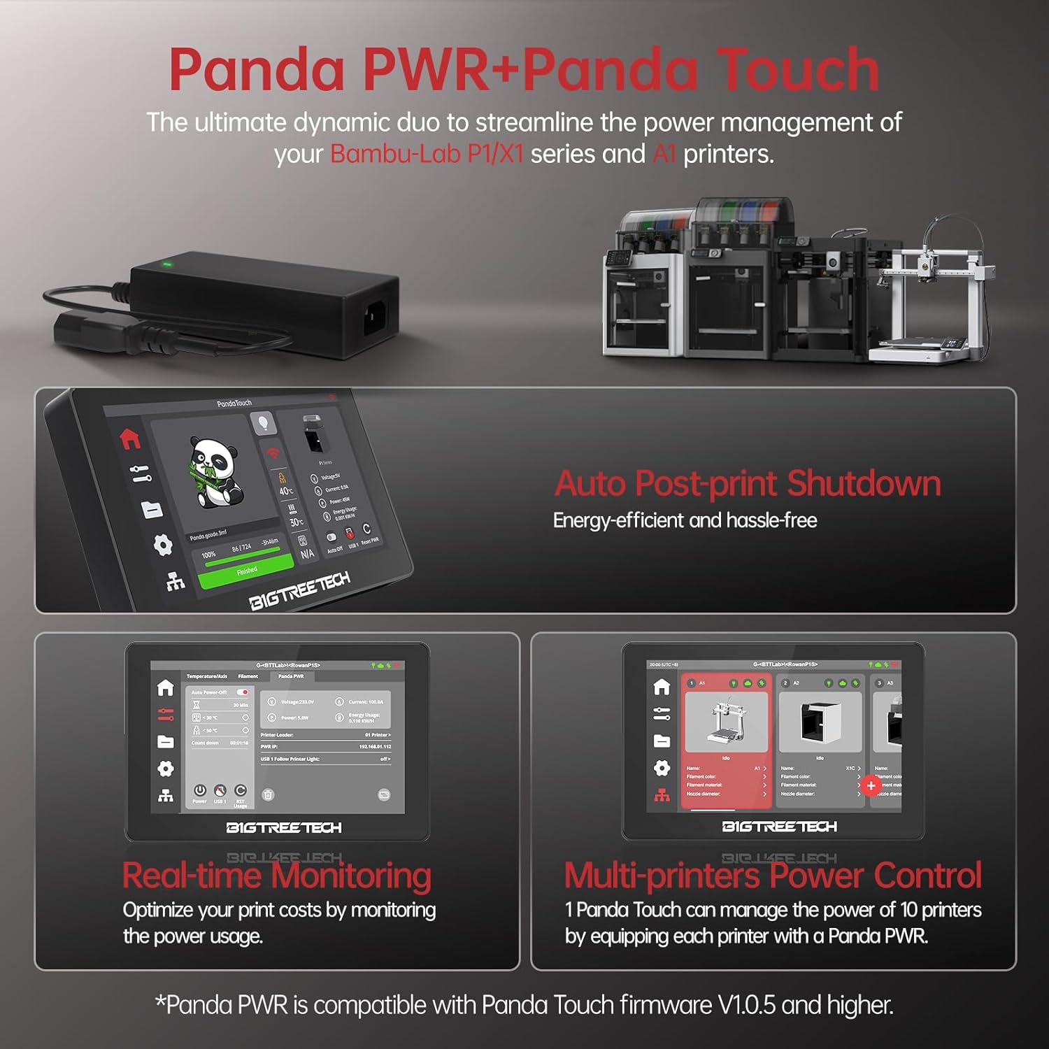 Panda PWR and Panda Touch power management system for 3D printers on a gray background