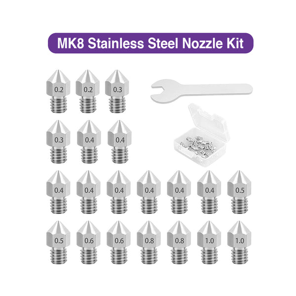 MK8 Stainless Steel Nozzle Kit (0.4mm 8pcs, 0.2/0.3/0.5/0.6/0.8/1.0mm 2pcs each, Open-End Wrench, Total 21PCS with Storage Box)