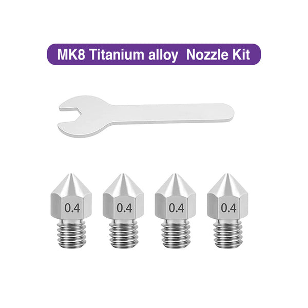 MK8 Titanium Alloy Nozzle Kit (0.4mm 4pcs, Open-End Wrench 6mm, 5PCS Total, Packed in OPP Bag)