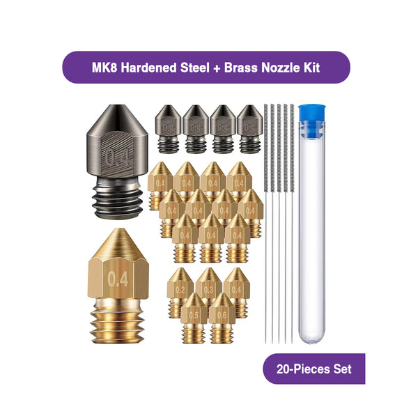 MK8 Hardened Steel + Brass Nozzle Kit (20-Pieces Set)