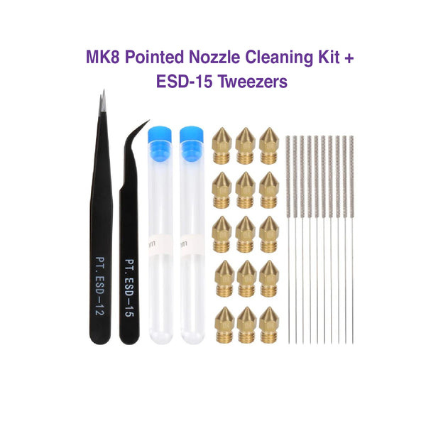 MK8 Pointed Nozzle Cleaning Kit + ESD-15 Tweezers (27 Pcs) - MakerParts 3D