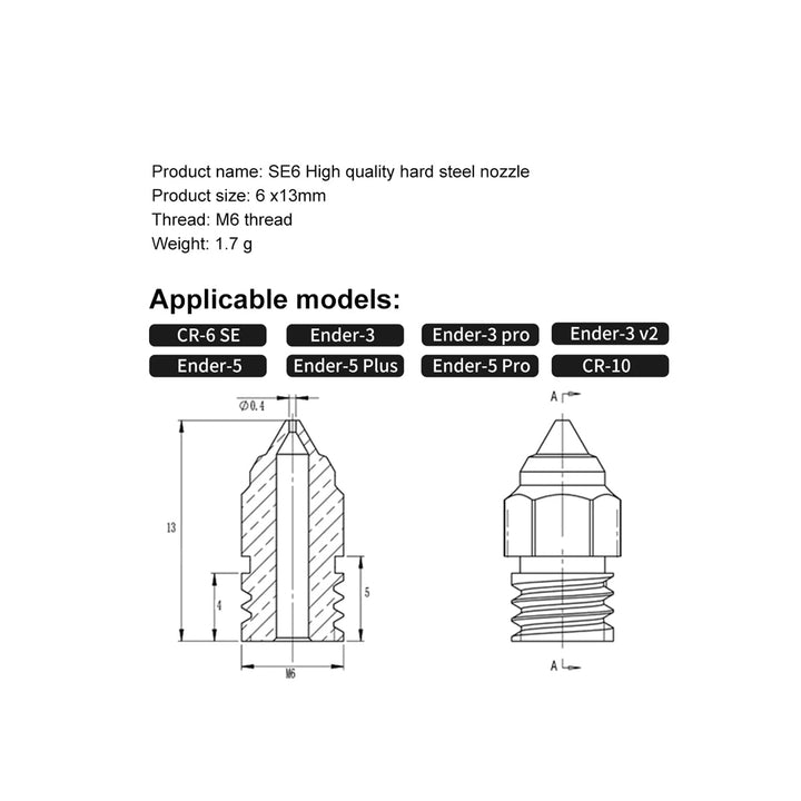 SE6 Hardened Steel Nozzle 0.2mm - MakerParts 3D