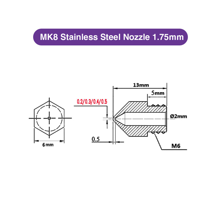 MK8 Stainless Steel Nozzle 1.75mm - MakerParts 3D