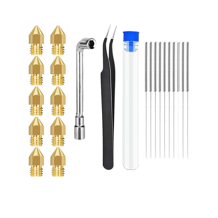 MK8 3D Printer Extruder Nozzle Set – 22 Pieces (0.4mm-1.0mm Nozzles, Tweezers, Wrench, Cleaning Needles) - MakerParts 3D