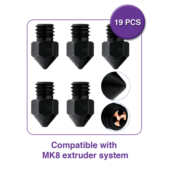 CHT Hardened Steel Nozzles Kit with Tools for MK8 (19 Pcs) - MakerParts 3D