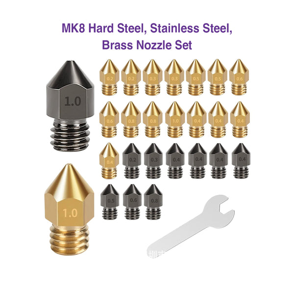 MK8 Hard Steel, Stainless Steel, Brass Nozzle Set (25 PCS, Various Sizes, 1.75mm)