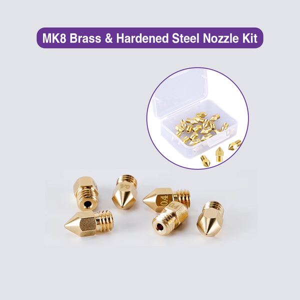 MK8 Brass & Hardened Steel Nozzle Kit (31 PCS) – 0.2-1.0mm, 6mm Wrench, Plastic Box