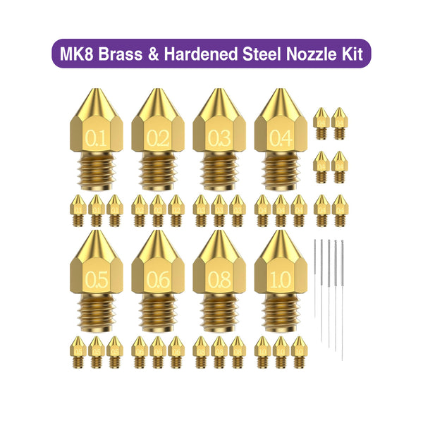 MK8 Brass and Hardened Steel Nozzle Kit - 32 Pieces + Cleaning Needles